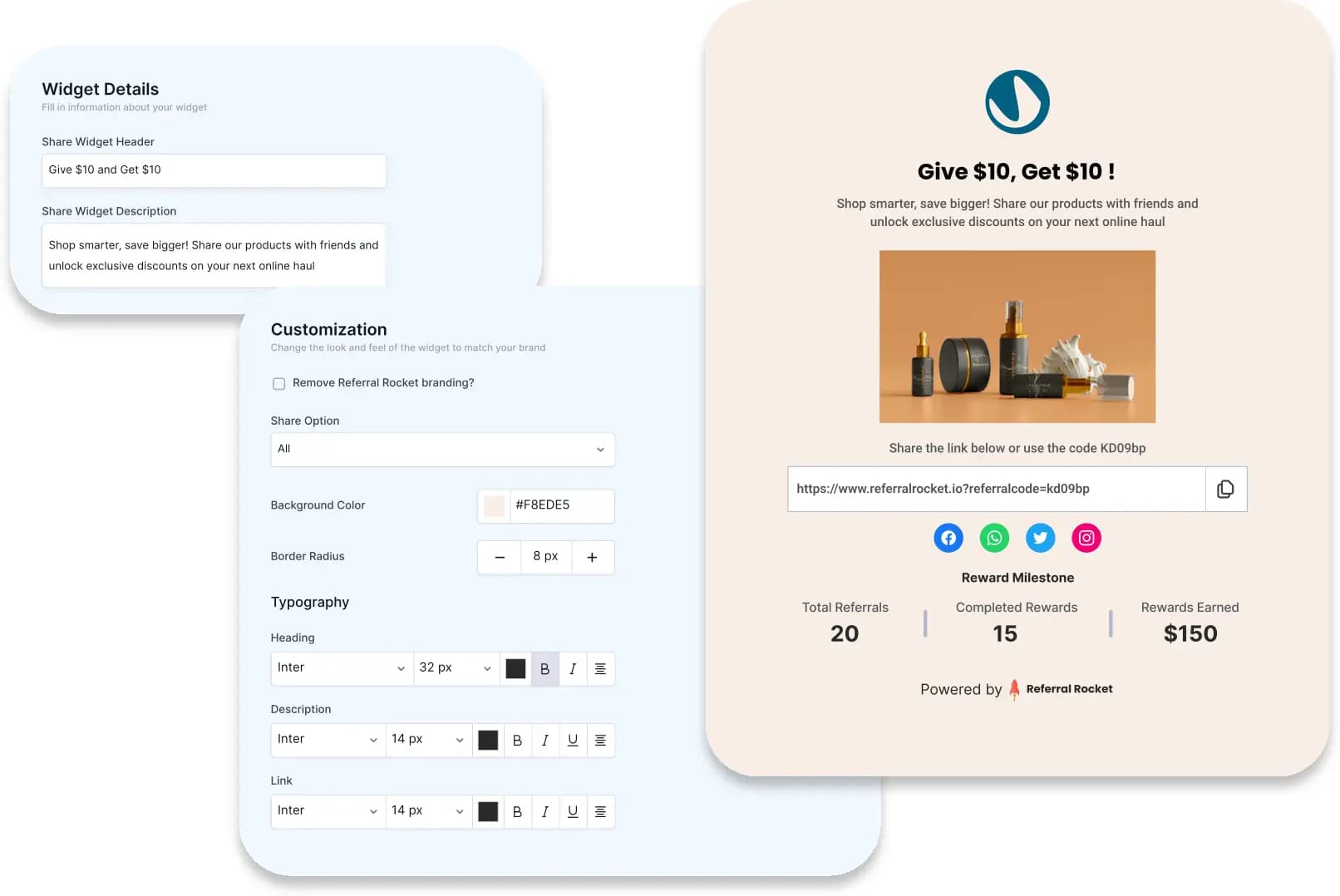 Building customizable affiliate and referral marketing programs in Referral Rocket's affiliate management platform, 
                showing campaign setup and reward customization interface